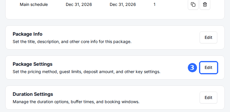 The NYE Event package page with the Edit button highlighted on the Package Settings card.