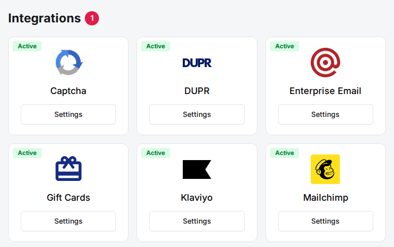 The Integrations section heading (1) on the venue's General tab, above the venue's integration cards