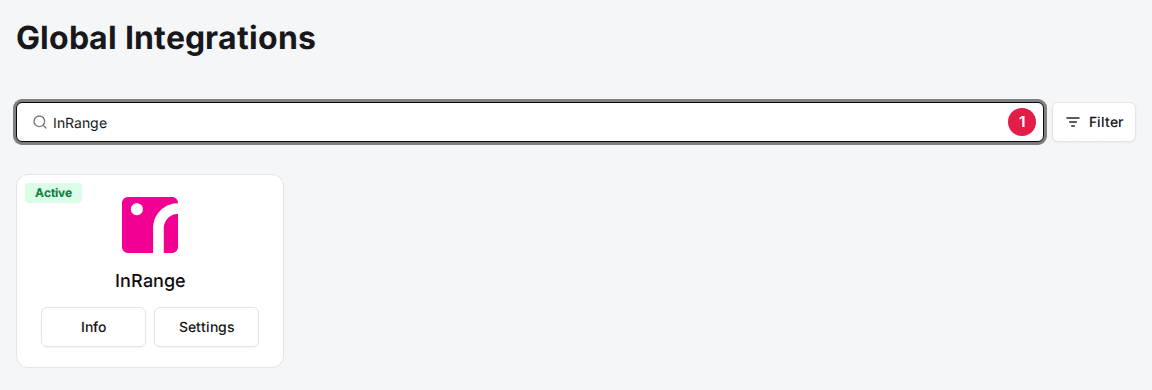 Global Integrations page with InRange typed in the search box (1) and the InRange card below
