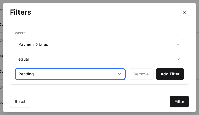 The Filters window on the Reservations page set to Payment Status equal Pending