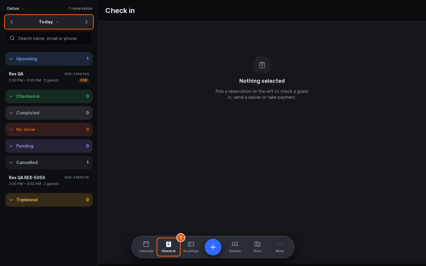 Host App Check In page with nothing selected, Check In marked in the dock and the date control outlined at the top of the list