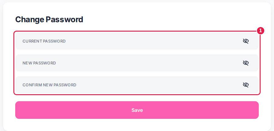 The Change Password card with the Current Password, New Password and Confirm New Password fields outlined above its Save button.
