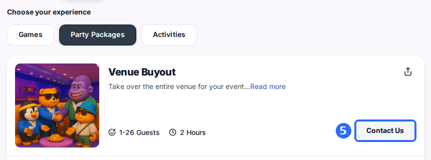 The reservation page showing the Venue Buyout package card with a Contact Us button in place of a price.