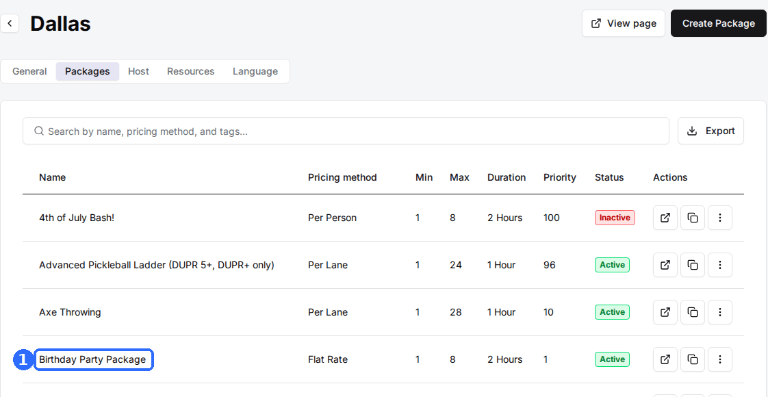 The Dallas venue's Packages tab listing packages with Pricing method, Min, Max, Duration, Priority and Status