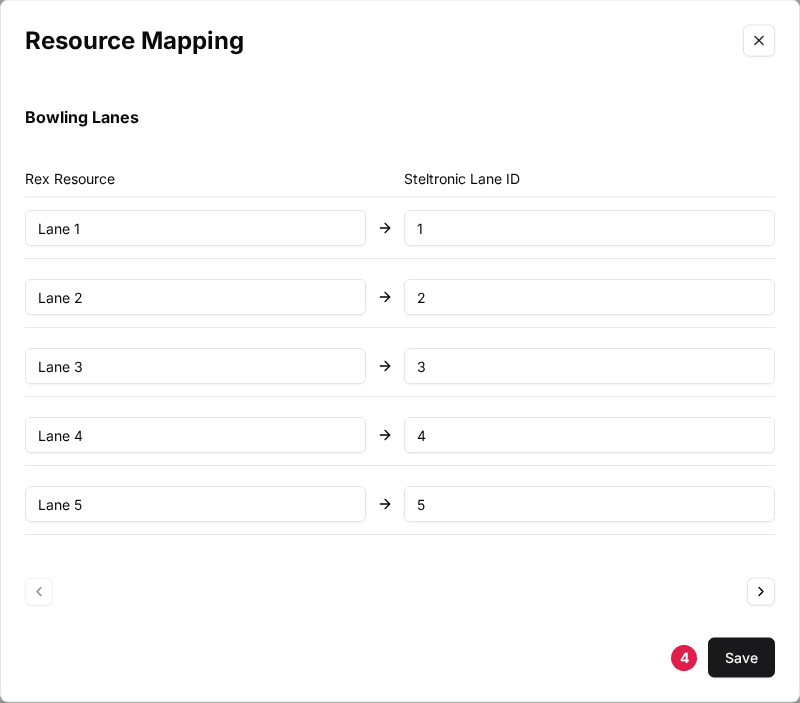 The Resource Mapping window with the Save button (4) at the bottom right