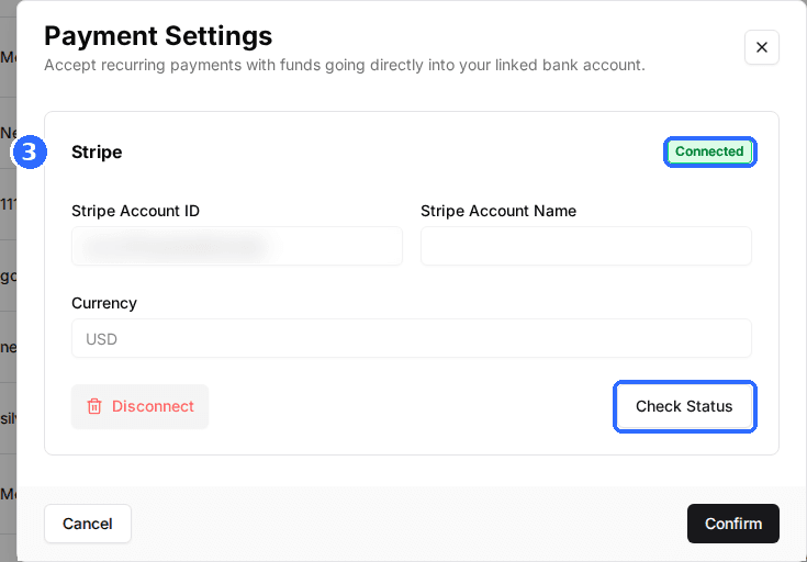 The Payment Settings window from the Memberships page showing the Stripe card as Connected with Stripe Account ID, Stripe Account Name, Currency and Check Status