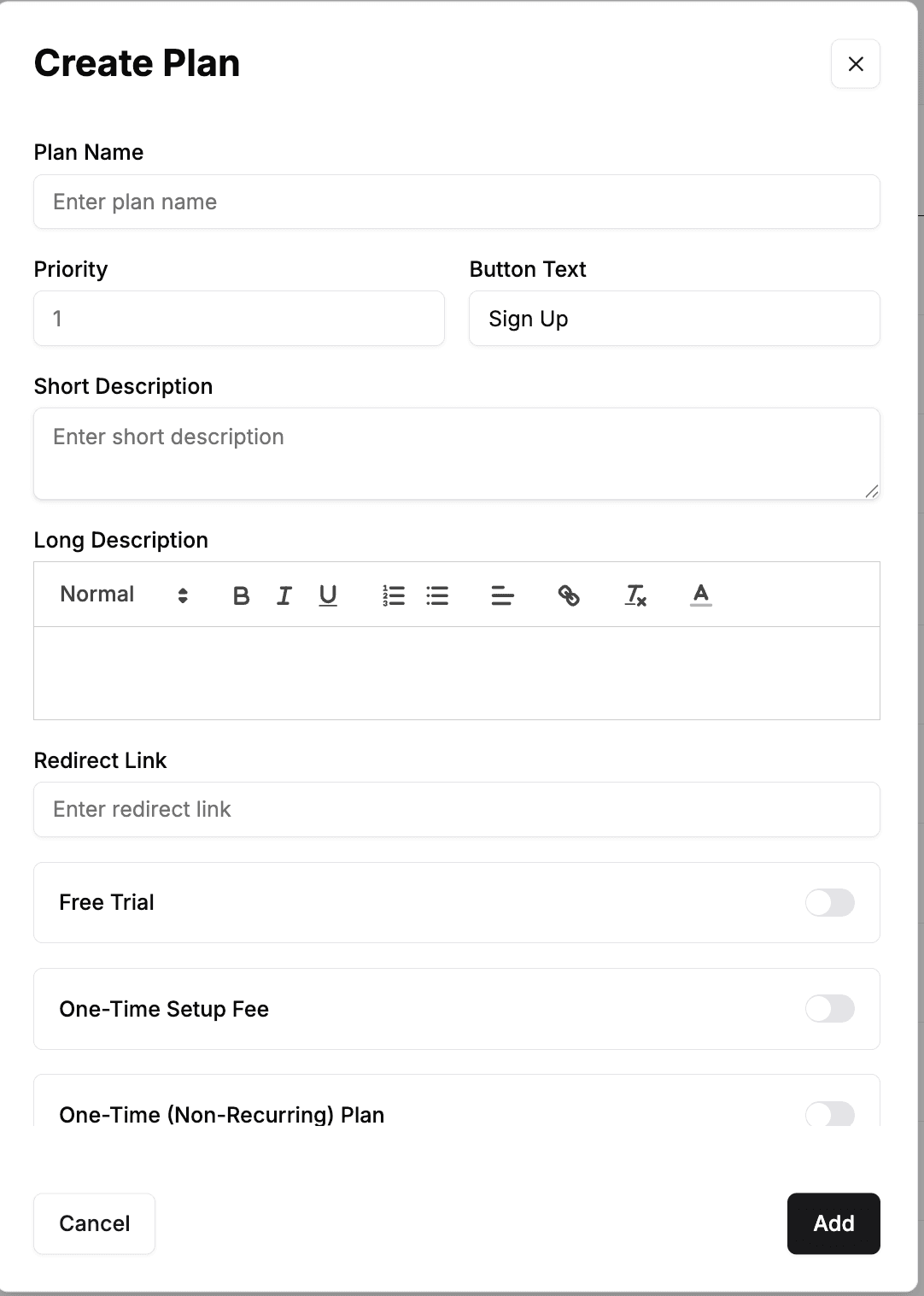 The Create Plan form, showing Plan Name, Priority, Button Text (Sign Up), Short and Long Description, Redirect Link, and the Free Trial, One-Time Setup Fee, and One-Time (Non-Recurring) Plan toggles