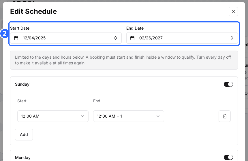 The Edit Schedule window with the Start Date and End Date fields
