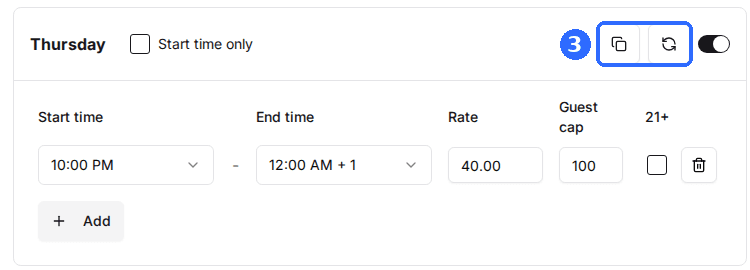 A day in the Schedule window with the copy and Start time settings icons highlighted, and one time slot with Start time, End time, Rate and Guest cap.