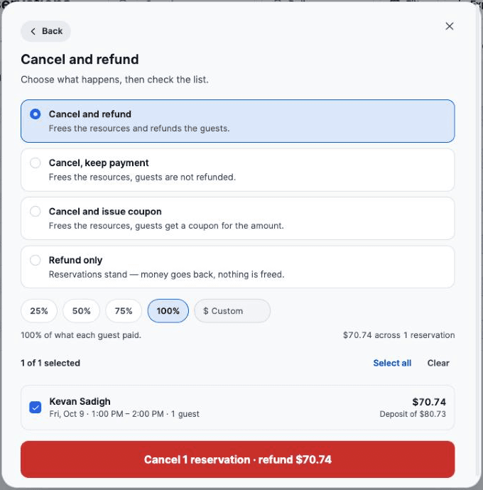 The second Bulk cancel step showing the four options, the 25%, 50%, 75%, 100% and Custom amount chips, the selected reservation list, and the red confirm button