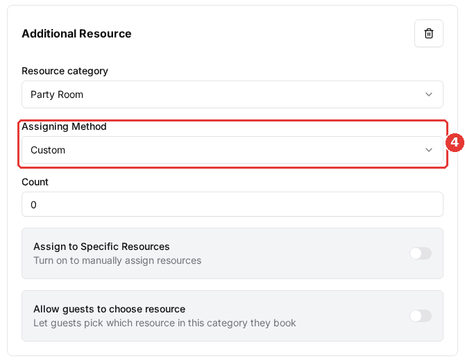 Additional Resource row in the Assign Resource Category dialog showing Resource category, Assigning Method and Count