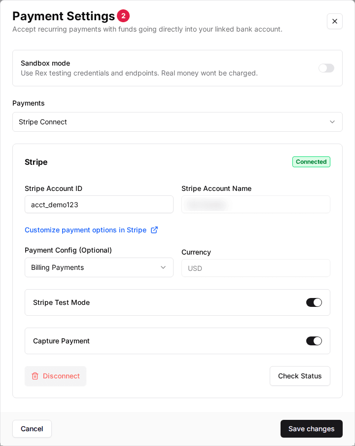 The Payment Settings window (2) open on a venue, showing Sandbox mode and the Payments dropdown