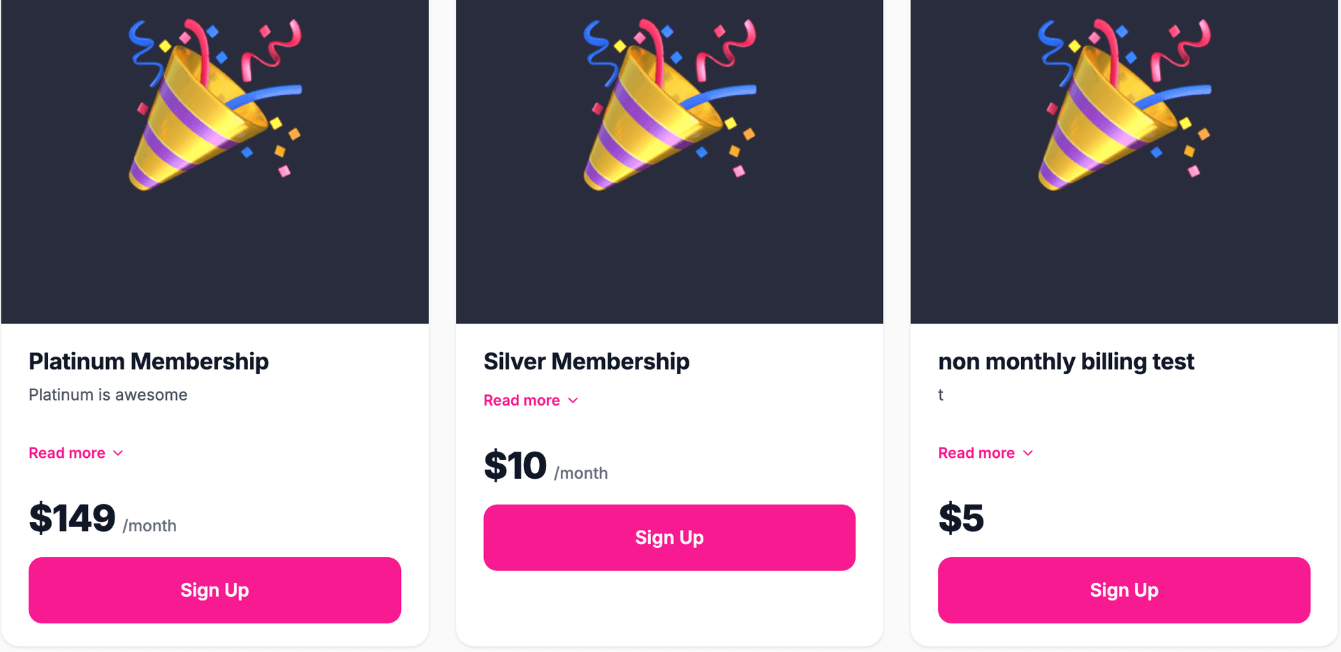 The public memberships page showing plan cards — each with an image, plan name, short description, price with billing interval, and a Sign Up button