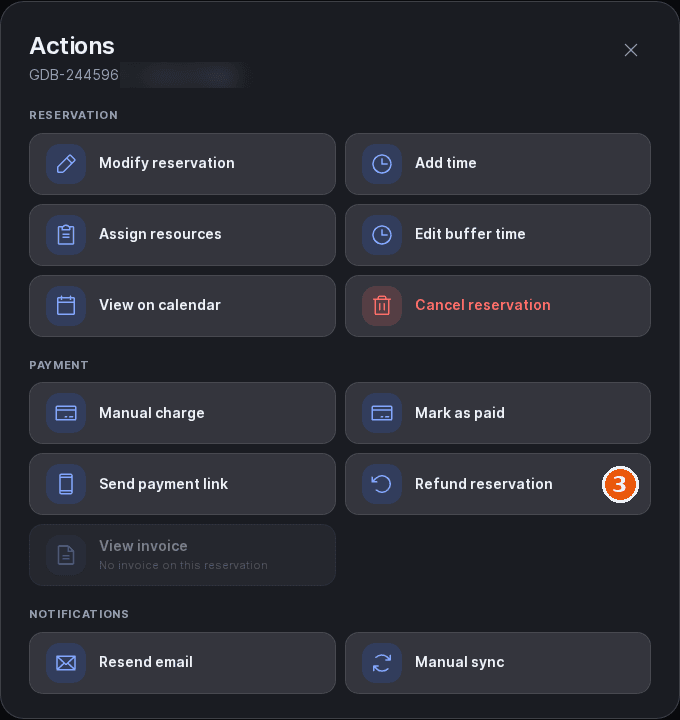 Actions sheet with Refund reservation in the Payment group