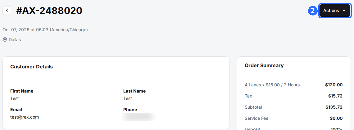 The top of Reservation Details for a reservation, with the Actions button at the top right