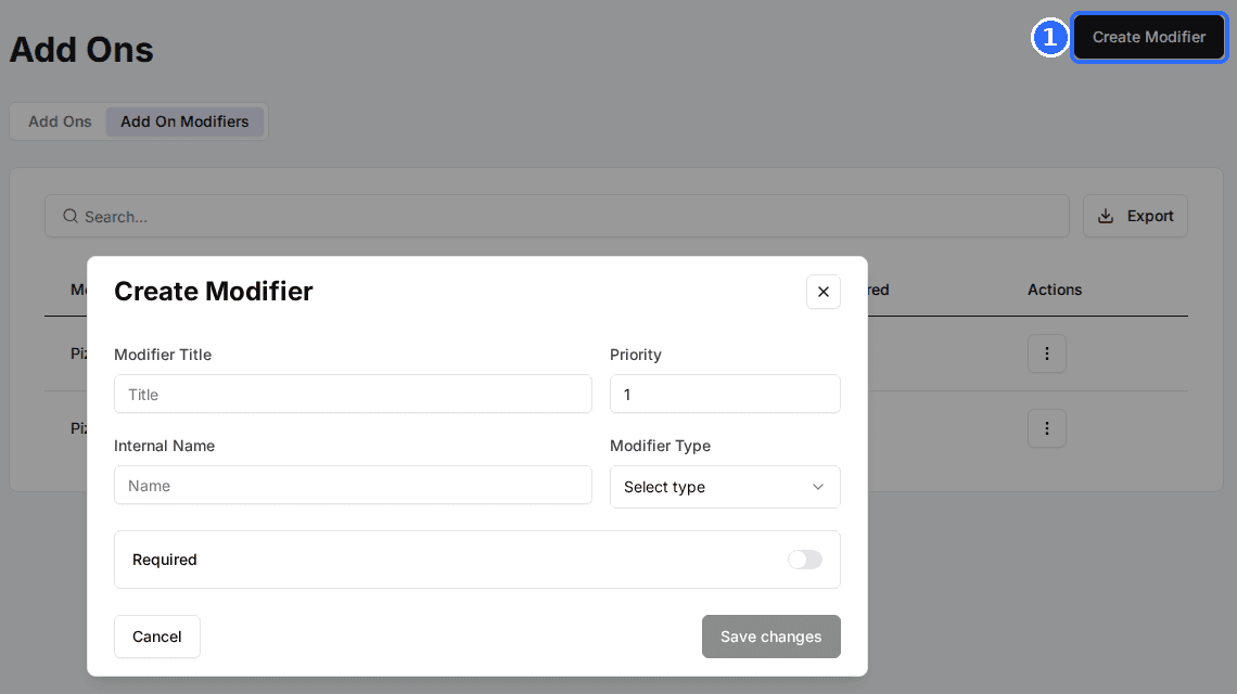 The Add On Modifiers tab with the Create Modifier window open, showing Modifier Title, Priority, Internal Name, Modifier Type and a Required toggle