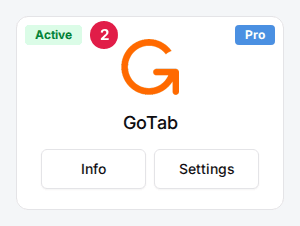 The GoTab card with its Active badge (2), the Pro badge and the Info and Settings buttons