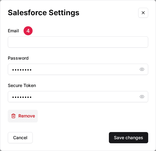Salesforce Settings window with the Email, Password and Secure Token fields (4)