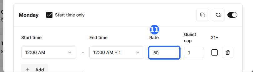 A weekday slot in the Schedule window with the Rate field highlighted next to Start time, End time and Guest cap