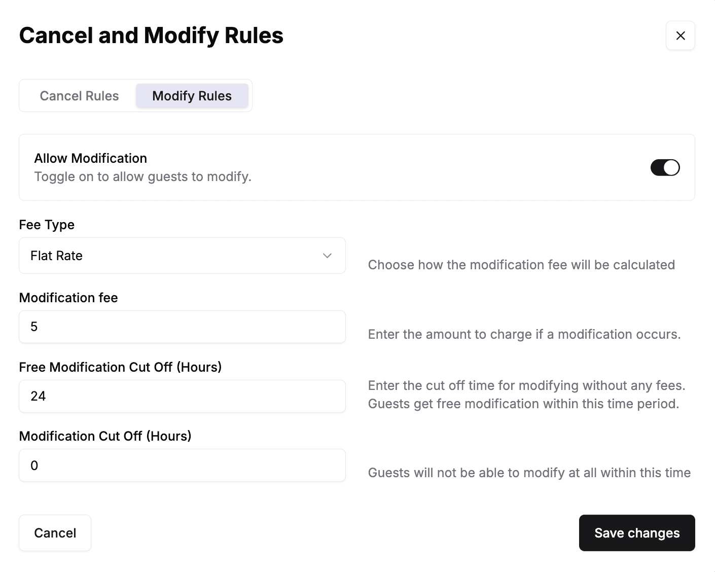 The Modify Rules tab of the Cancel and Modify Rules modal. Allow Modification is on, Fee Type is Flat Rate, Modification fee is 5, Free Modification Cut Off is 24 hours, and Modification Cut Off is 0.