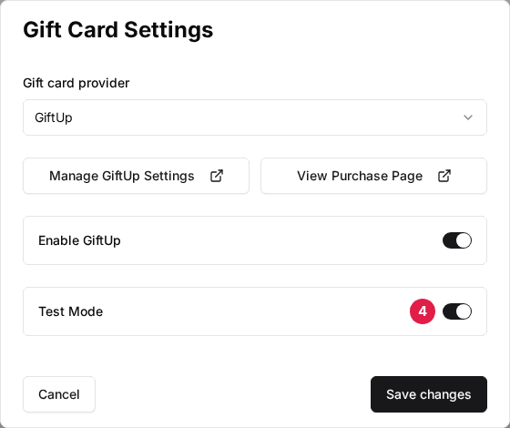 The venue's Gift Card Settings window with the Test Mode switch marked (4)