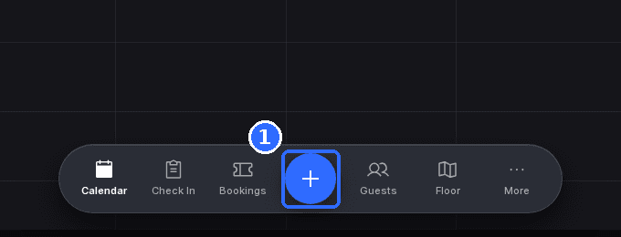The Host App calendar with the bottom bar showing Calendar, Check In, Bookings, the blue + button, Guests, Floor and More