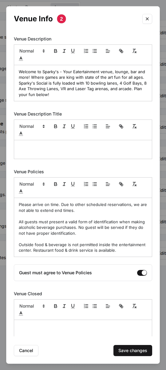 The Venue Info dialog opened from the Language tab, with Venue Description, Venue Description Title, Venue Policies, Guest must agree to Venue Policies and Venue Closed