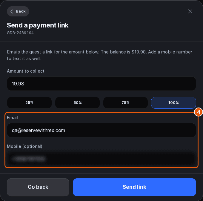 Send a payment link sheet with the Email and Mobile (optional) fields marked above the Send link button