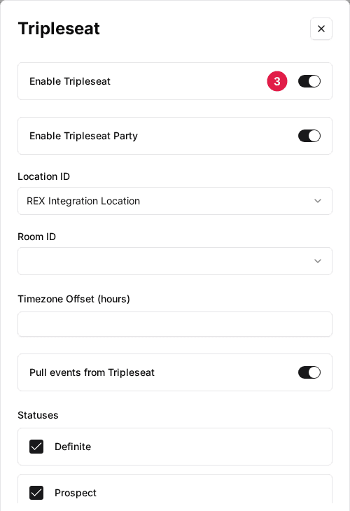 The venue's Tripleseat window with the Enable Tripleseat switch (3), Location ID, Room ID, Timezone Offset, Pull events from Tripleseat and Statuses