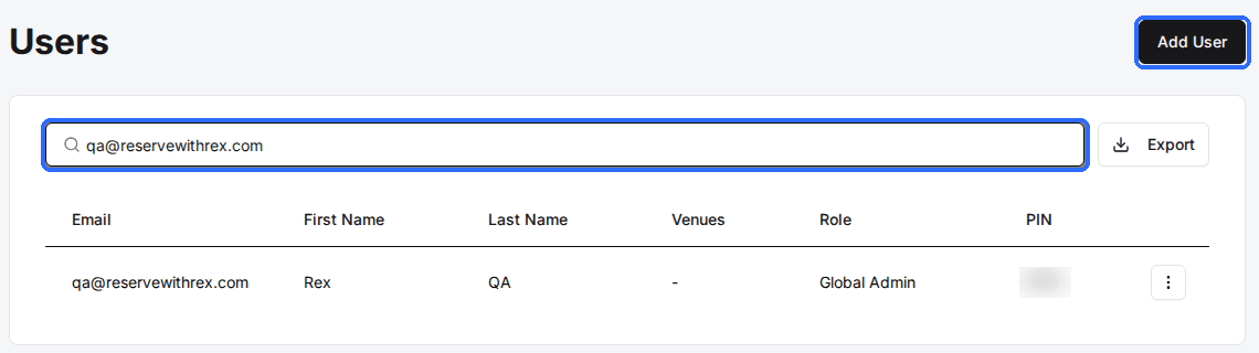 Settings > Users searched for one email, with the Search box and the Add User button highlighted