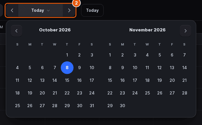 Host App date control with the previous and next day arrows marked and the two-month calendar open below it, next to the Today button