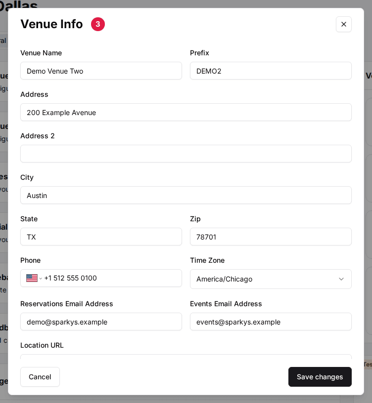 The Venue Info form opened from Clone Venue with the new name, prefix, address and contact details entered (3)
