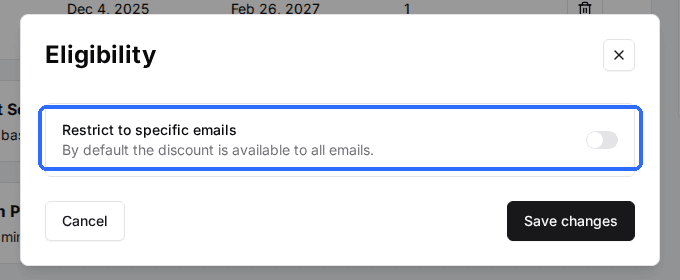 The Eligibility window with the Restrict to specific emails toggle turned off