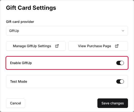 The venue's Gift Card Settings window with the Enable GiftUp switch highlighted