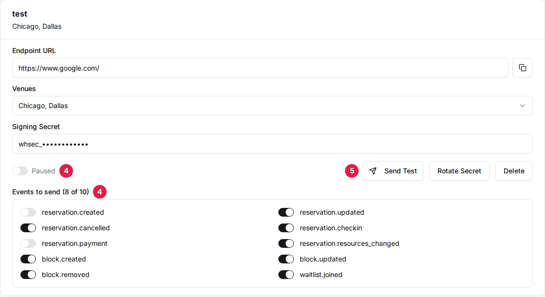 A webhook endpoint card with the Active / Paused switch and Events to send list (4) and the Send Test button (5)