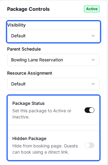 The Package Controls card with Visibility, Package Status and Hidden Package highlighted.