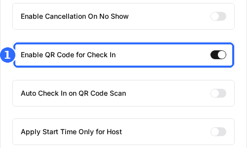 The Host Settings window with Enable QR Code for Check In switched on, above Auto Check In on QR Code Scan.