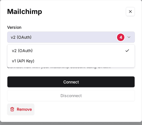 The Version dropdown (4) open in the Mailchimp window, listing v2 (OAuth) and v1 (API Key)