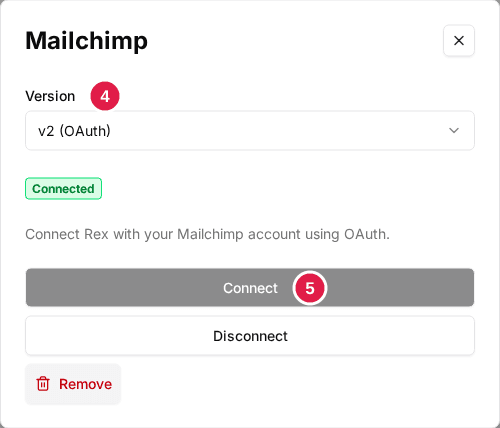 Mailchimp window with the Version dropdown set to v2 (OAuth) (4) and the Connect button (5)