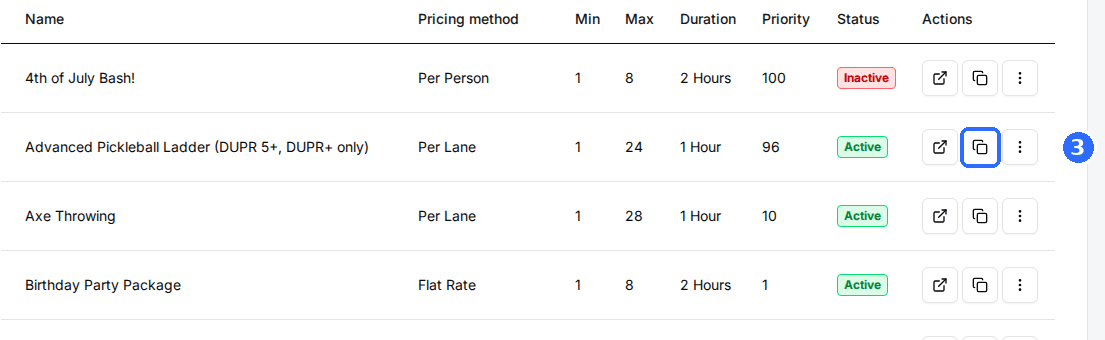 The Packages tab list with the copy link icon highlighted in a package's row.