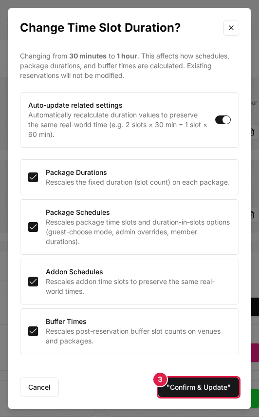 The Change Time Slot Duration? dialog with the four Auto-update options ticked and the Confirm & Update button (3)