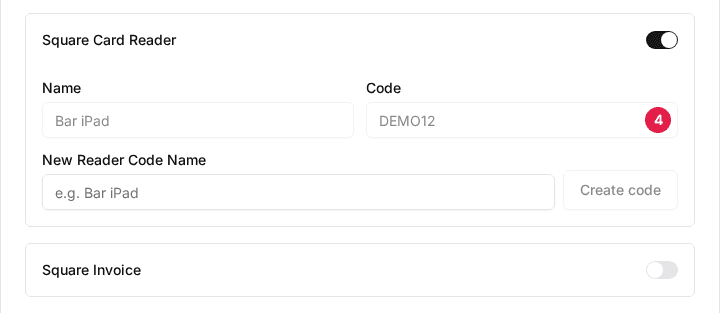 The Square Card Reader section after Create code, with a new row showing the reader's Name and Code (4)