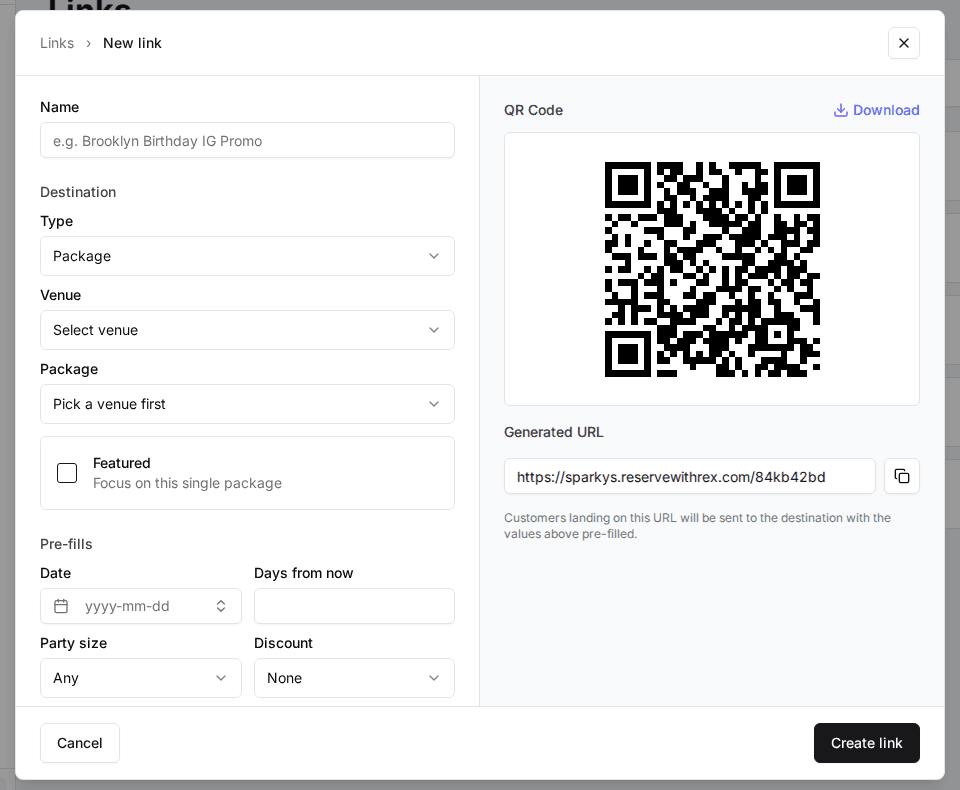 The New link window with Name, Destination (Type, Venue, Package, Featured) and Pre-fills on the left, and the QR Code and Generated URL on the right