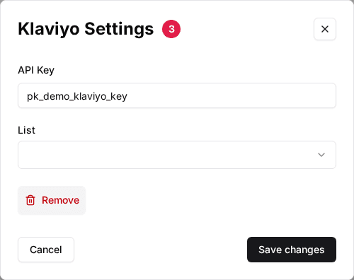 The Klaviyo Settings window open on the Global Integrations page (3), with the API Key and List fields