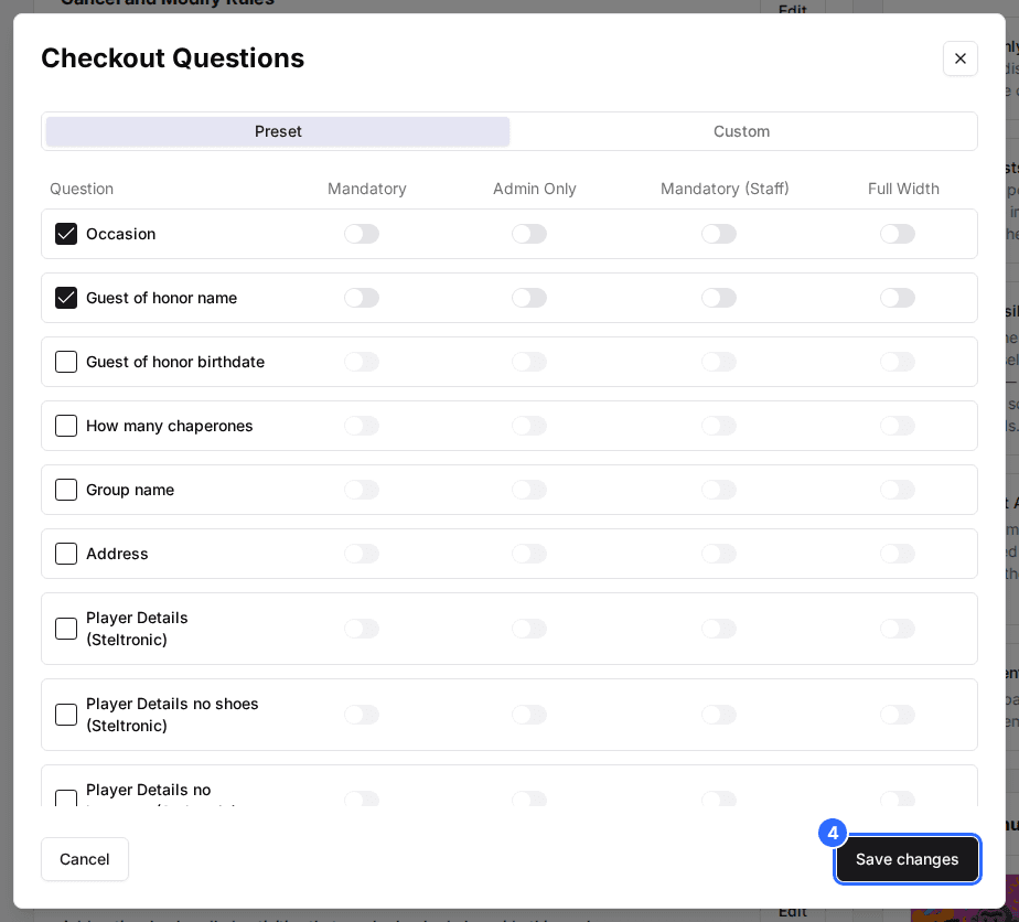 The Preset tab of the Checkout Questions window with Occasion and Guest of honor name checked and the Save changes button marked
