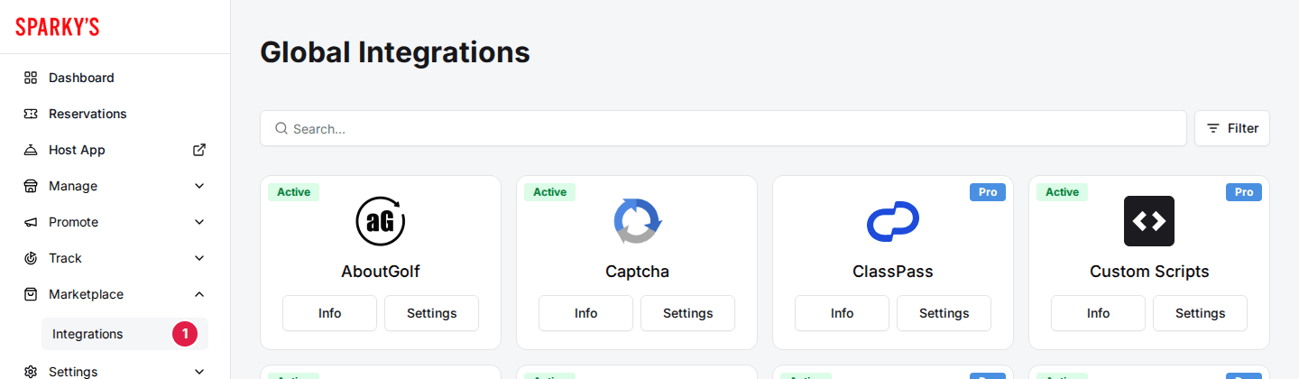 Global Integrations page with Integrations selected under Marketplace in the sidebar (1)