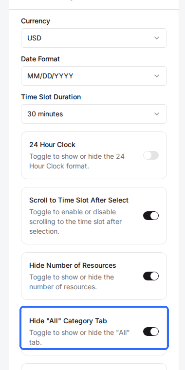 The Global Settings panel on the Settings page with the Hide "All" Category Tab toggle turned on