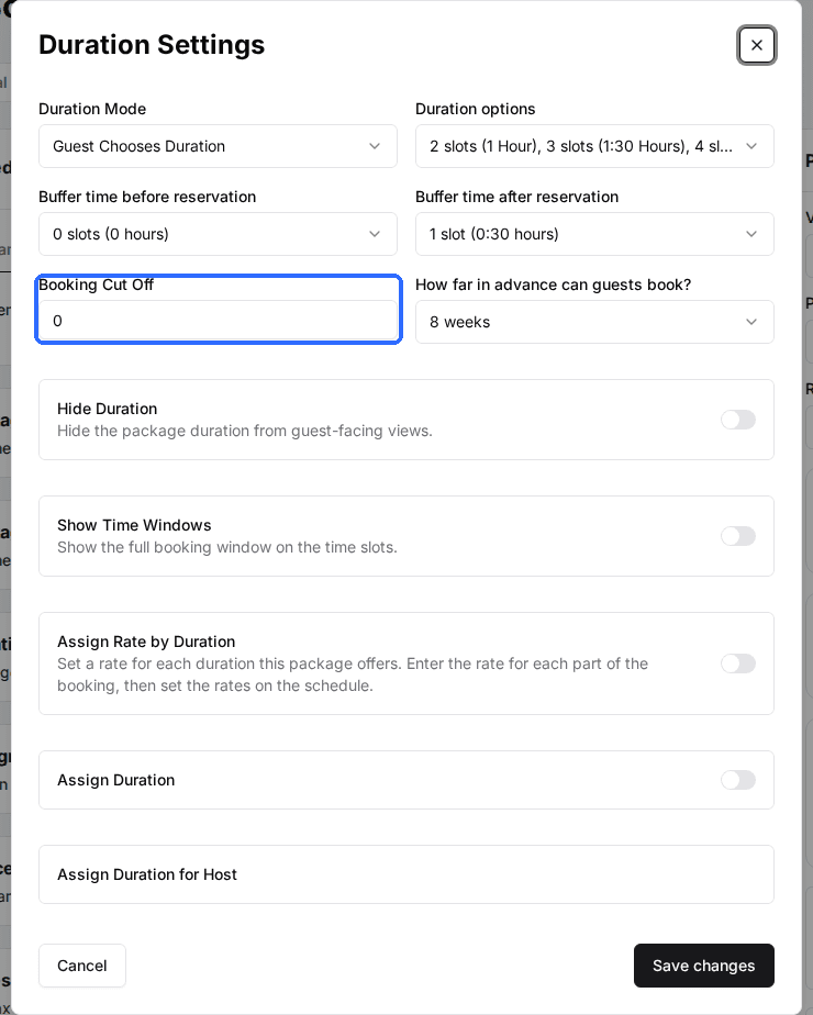 The Duration Settings window with the Booking Cut Off field highlighted