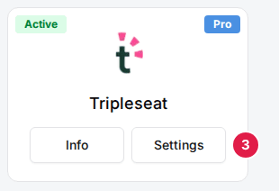 The Tripleseat card with its Info and Settings buttons, Settings marked (3)
