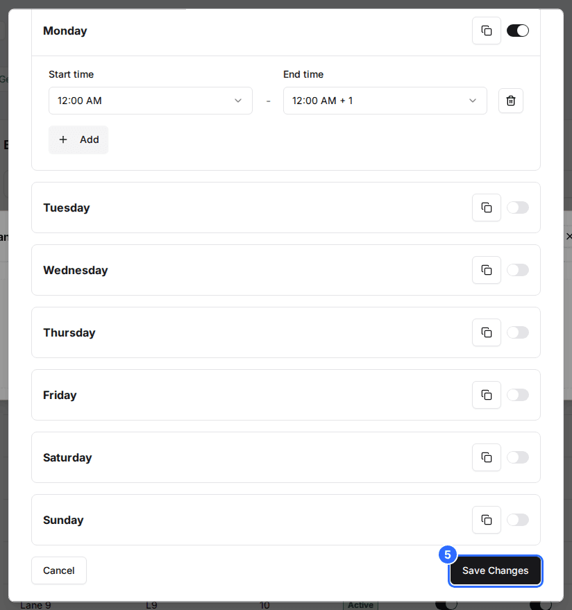 The bottom of the resource Schedule form with Monday switched on and the Save Changes button marked